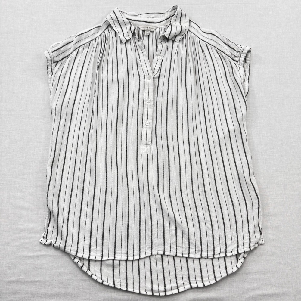 Lucky Brand Half Button Women XS Blouse White and Black striped staple Price